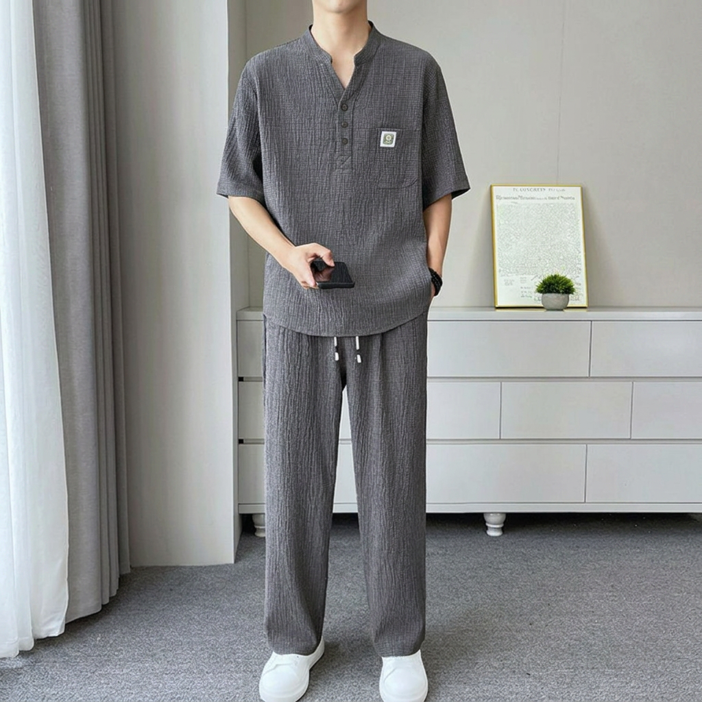 @【整套】新中式V領皺感寬松茶服短袖+薄款休閑長褲兩件套