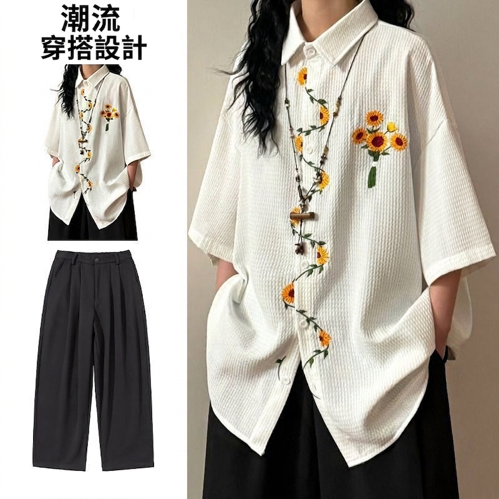 @【單件/套裝】日系復古向陽花刺繡短袖襯衫+休閑百搭西褲兩件套