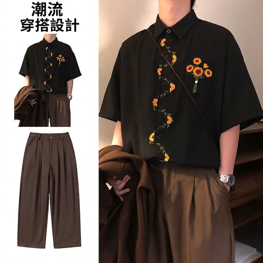 @【單件/套裝】日系復古向陽花刺繡短袖襯衫+休閑百搭西褲兩件套