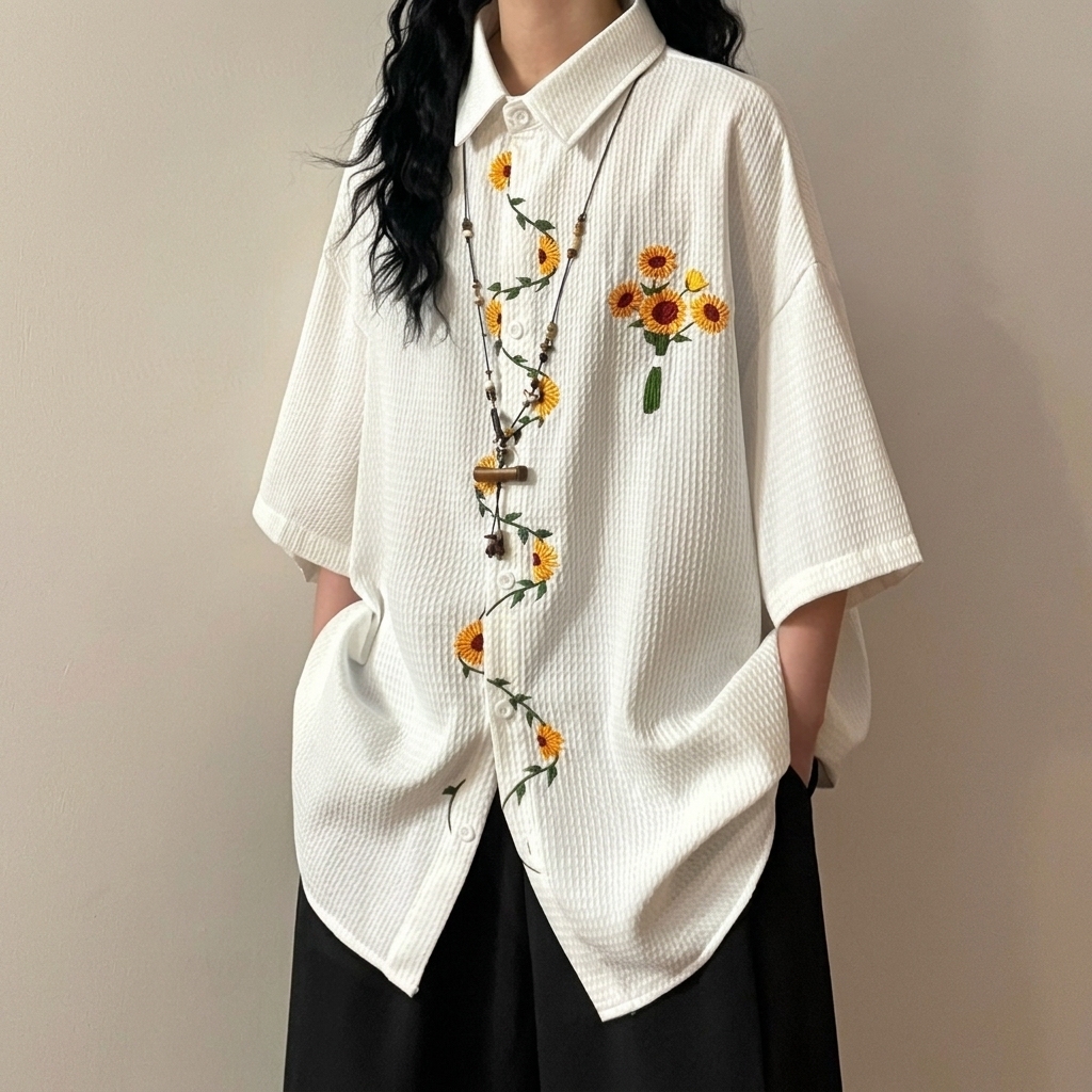 @【單件/套裝】日系復古向陽花刺繡短袖襯衫+休閑百搭西褲兩件套