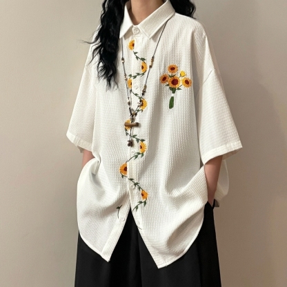 @【單件/套裝】日系復古向陽花刺繡短袖襯衫+休閑百搭西褲兩件套