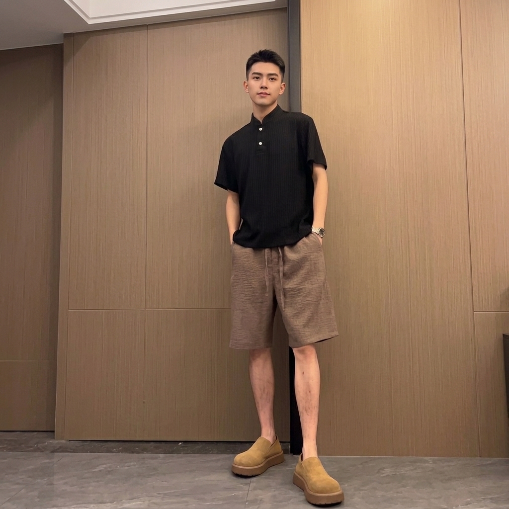 @【單件/套裝】薄款垂感透氣短袖老錢風仿亞麻短褲兩件套