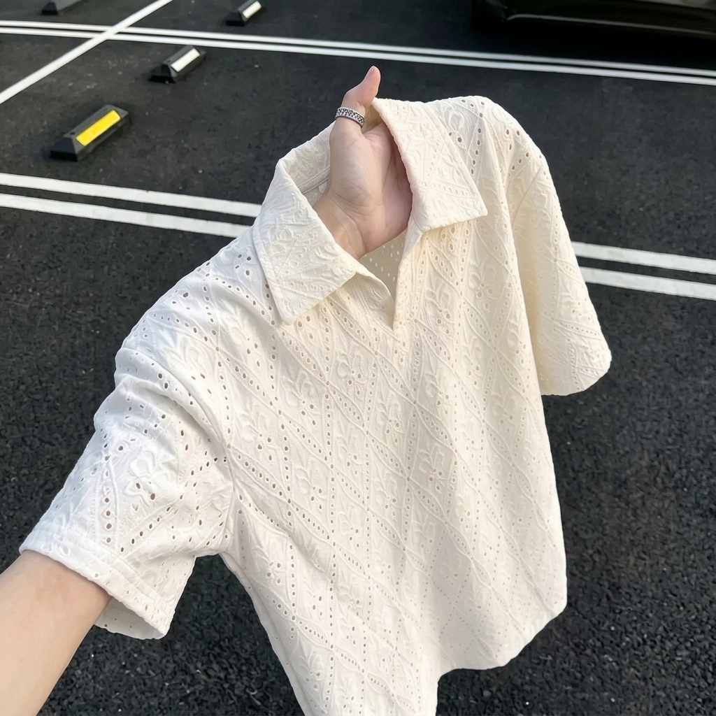 @鏤空提花輕薄透氣慵懶鬆弛感短袖Polo衫