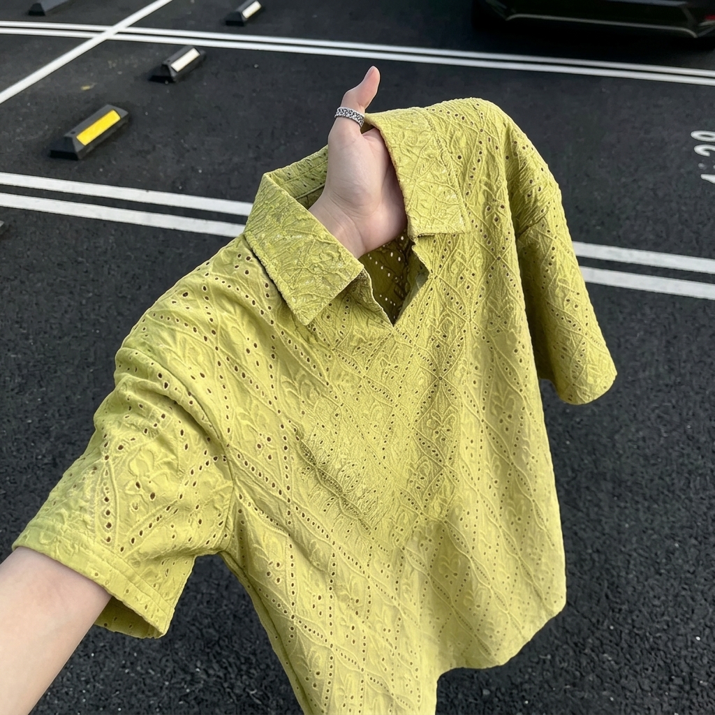 @鏤空提花輕薄透氣慵懶鬆弛感短袖Polo衫