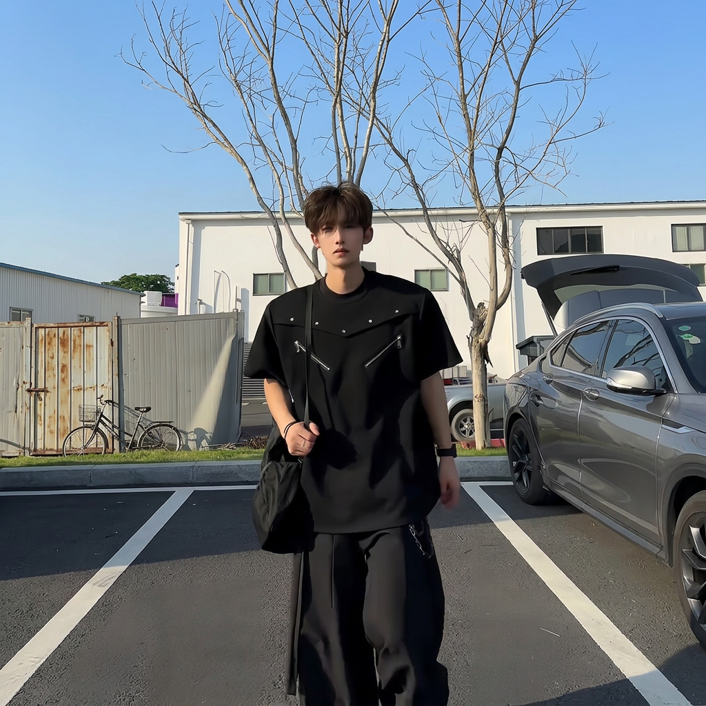 @美式正肩解構拉鍊痞帥高級感墊肩短袖T恤