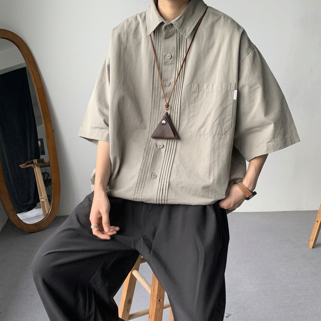 oversize日系復古工裝休閒褶皺短袖襯衫