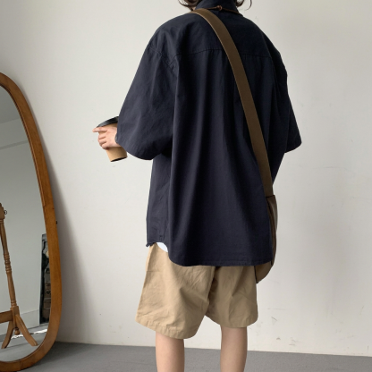 oversize日系復古工裝休閒褶皺短袖襯衫
