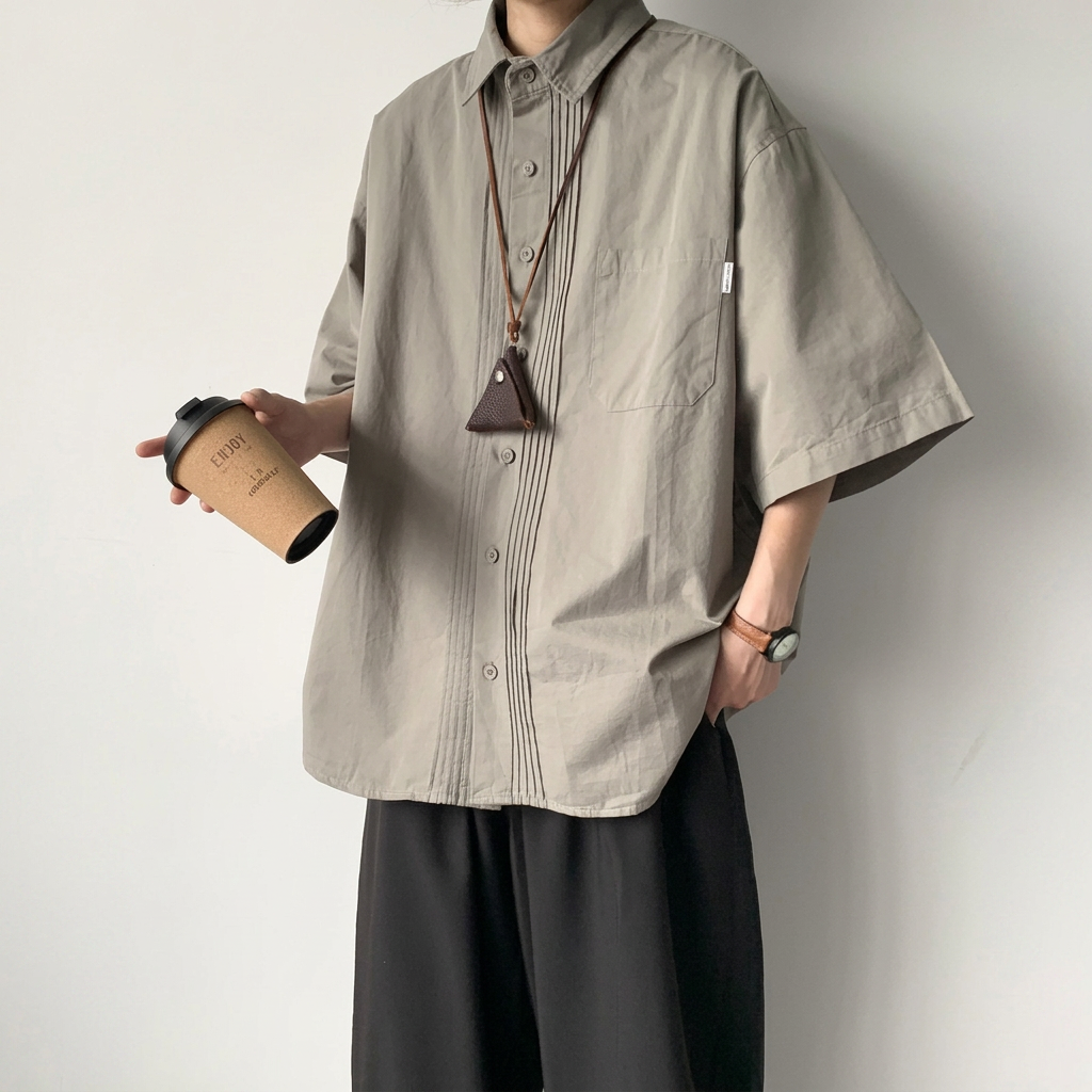 oversize日系復古工裝休閒褶皺短袖襯衫