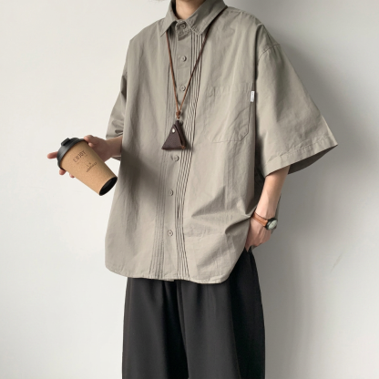oversize日系復古工裝休閒褶皺短袖襯衫