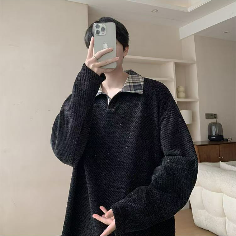 假兩件針織polo打底衫寬鬆大碼長袖t恤