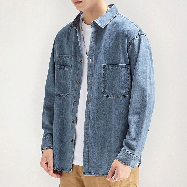 素色寬鬆休閒工裝潮牌痞帥襯衫牛仔外套