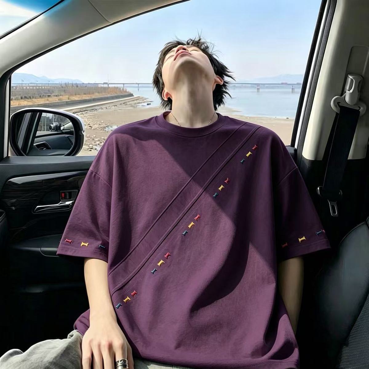 美式潮流高級感刺繡痞帥拼接短袖t恤