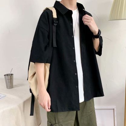 韓版潮流帥氣素色港風痞帥寬鬆情侶短袖襯衫