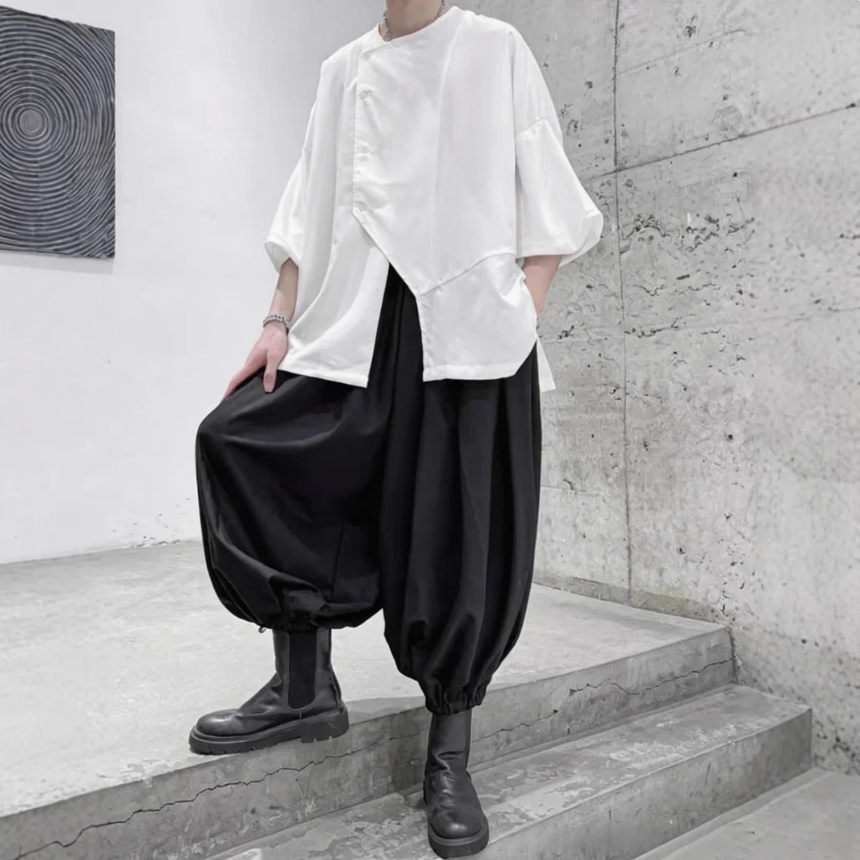 暗黑禁慾系寬鬆束腳八分燈籠褲大襠哈倫褲