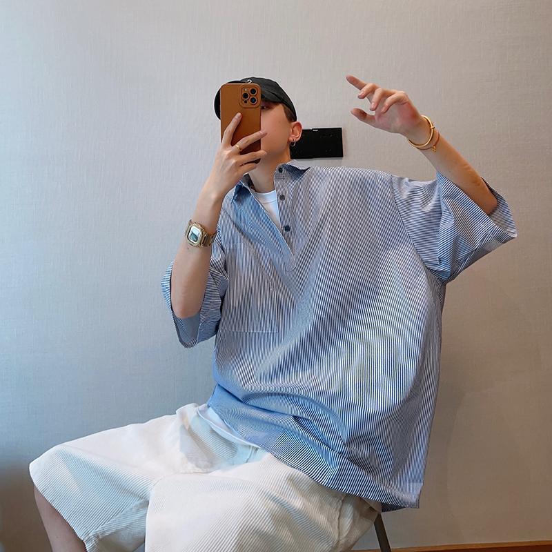 大碼百搭寬鬆情侶豎條紋薄款短袖襯衫