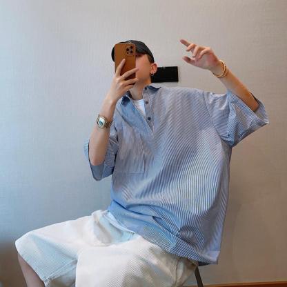 大碼百搭寬鬆情侶豎條紋薄款短袖襯衫