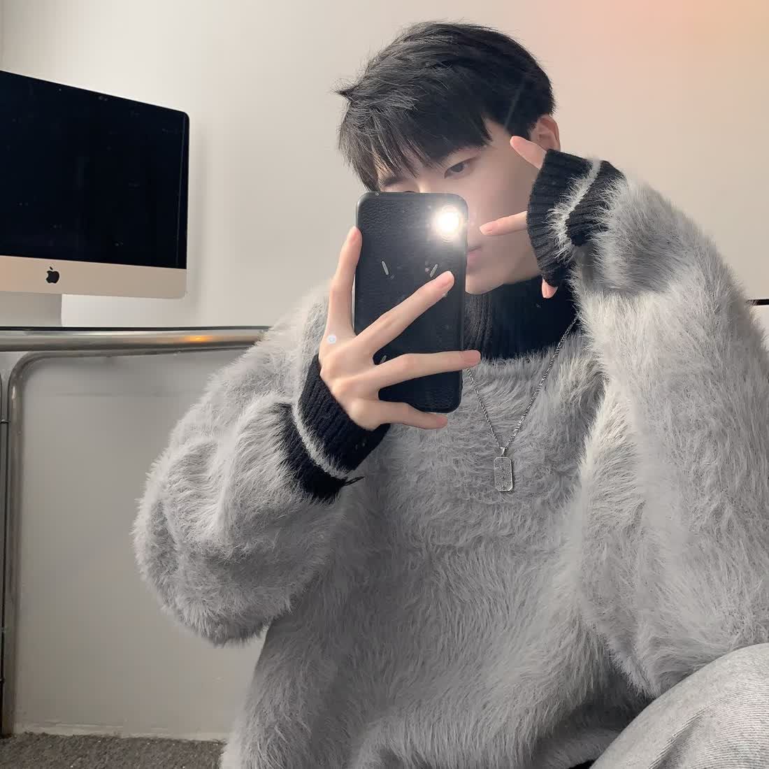 半高領加厚仿馬海毛慵懶風條紋針織毛衣