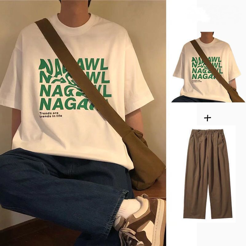 【單件/套裝】美式復古字母印花短袖T恤+百搭休閒直筒褲裝兩件套套裝