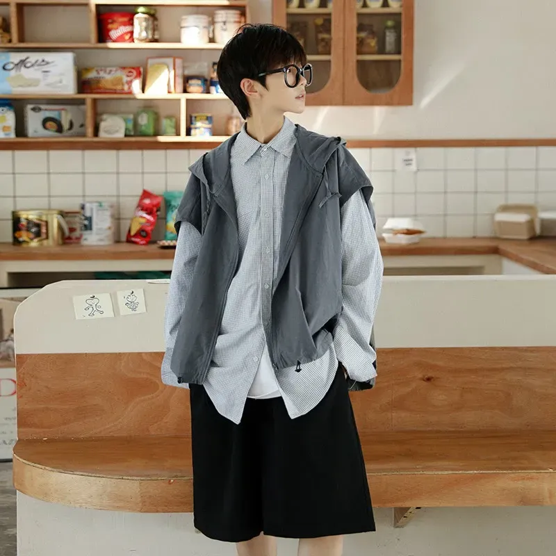 復古文藝休閒外搭寬鬆慵懶風連帽背心馬甲