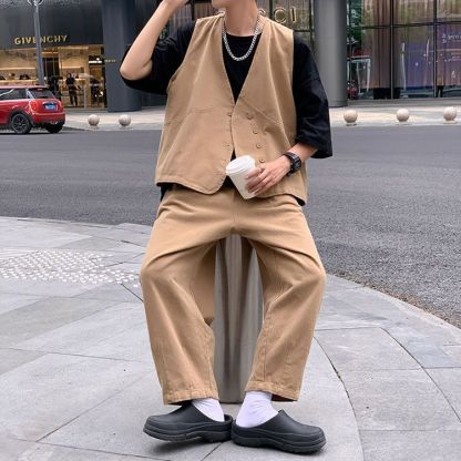 【單件/套裝】日系痞帥潮流高級工裝馬甲+百搭T恤+休閑闊腿褲三件套