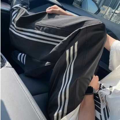 美式三條紋運動薄款潮牌寬鬆休閒直筒闊腿褲