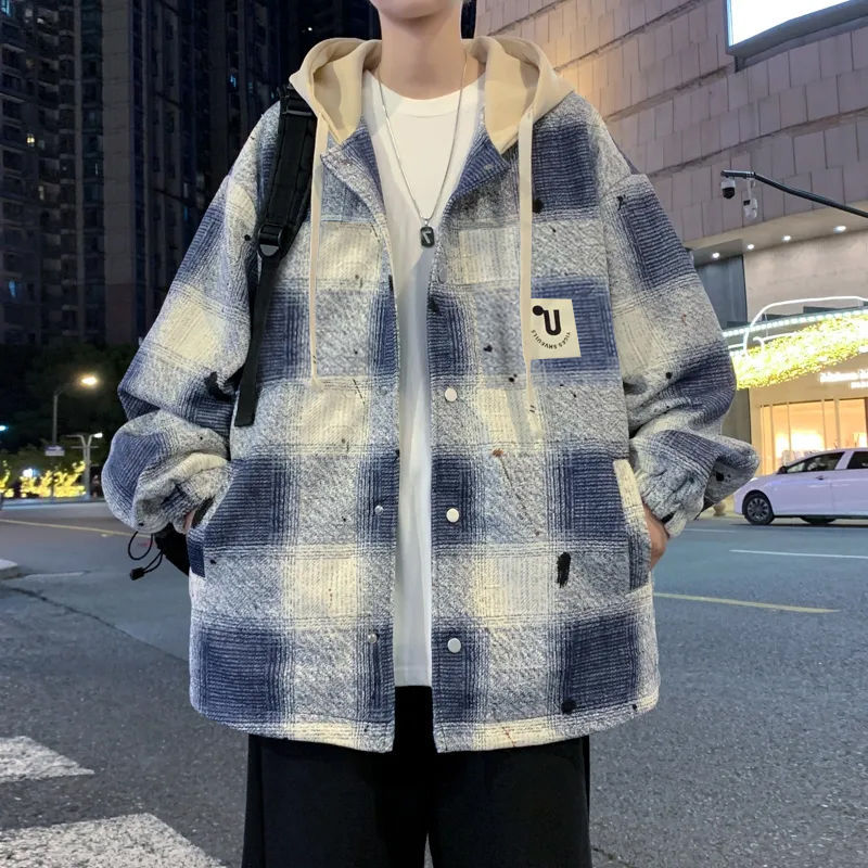 格子連帽潮流帥氣棒球服長袖夾克