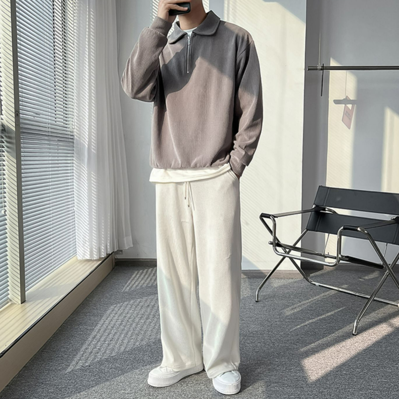 痞帥炸街輕熟風翻領條紋薄半拉鍊長袖polo衫