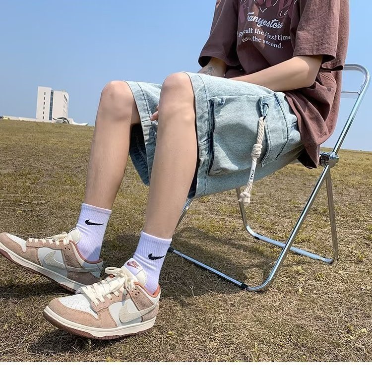 Oversize直筒五分褲港風設計感闊腿牛仔短褲
