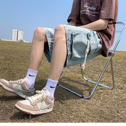 Oversize直筒五分褲港風設計感闊腿牛仔短褲