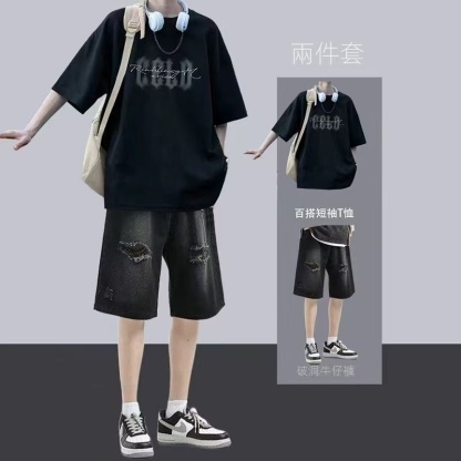 【單件/套裝】酷帥休閒短袖t恤牛仔短褲兩件套