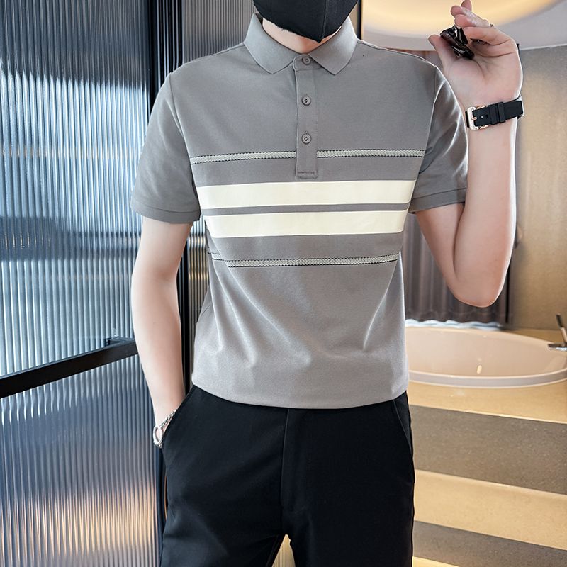 Polo領潮流修身條紋拼接時尚短袖T恤