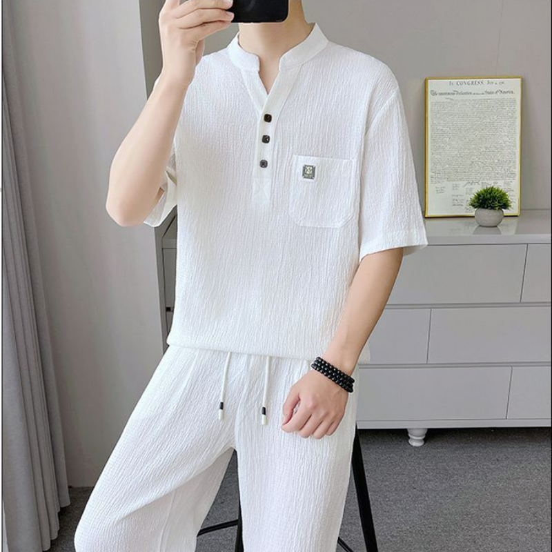 @【整套】新中式V領皺感寬松茶服短袖+薄款休閑長褲兩件套