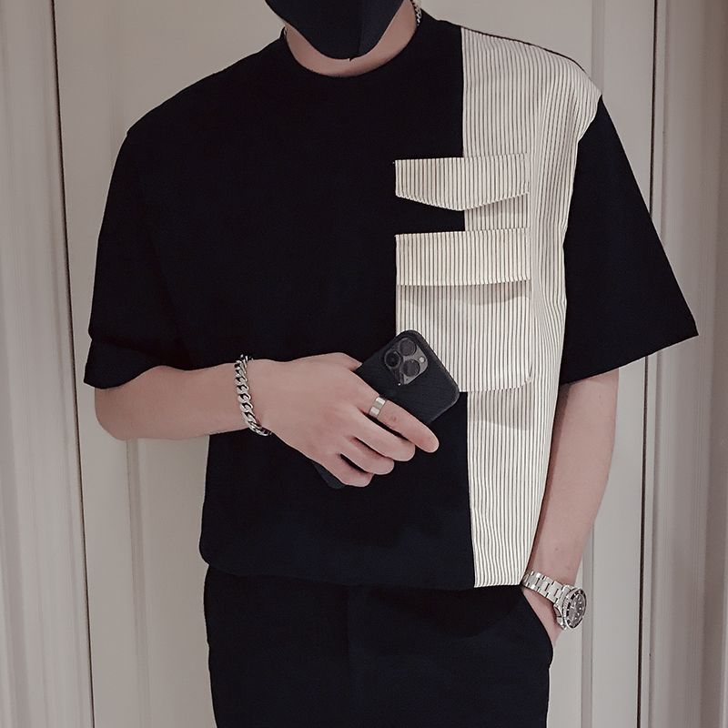 時尚潮流百搭休閒拼接純棉短袖T恤