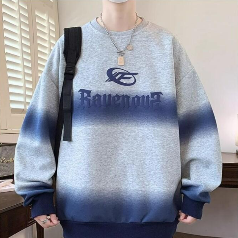 設計感漸變色寬鬆圓領印花休閒長袖衛衣