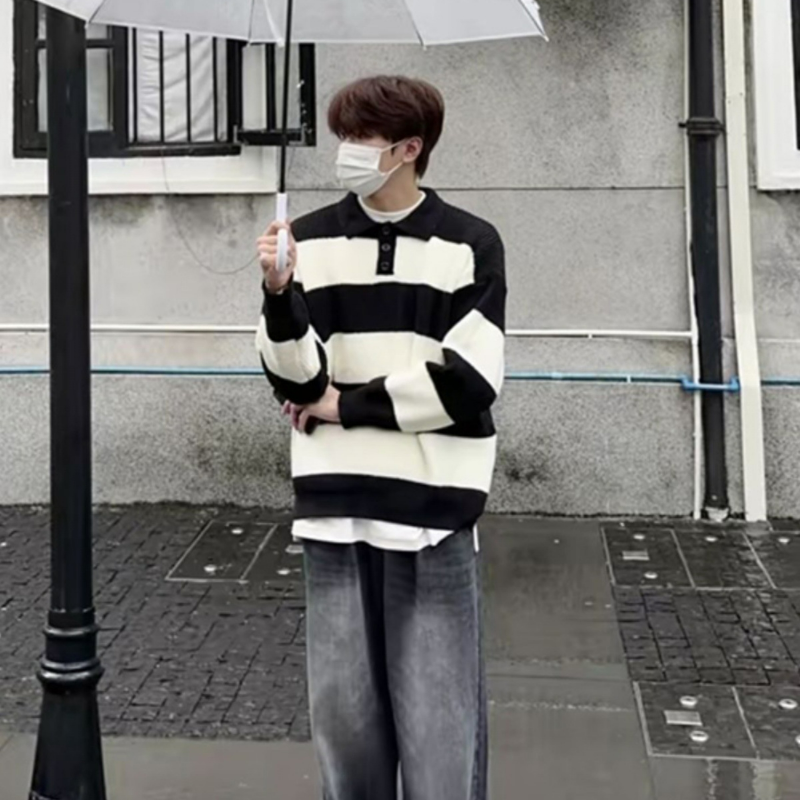 POLO衫翻領條紋寬鬆慵懶風針織衫毛衣