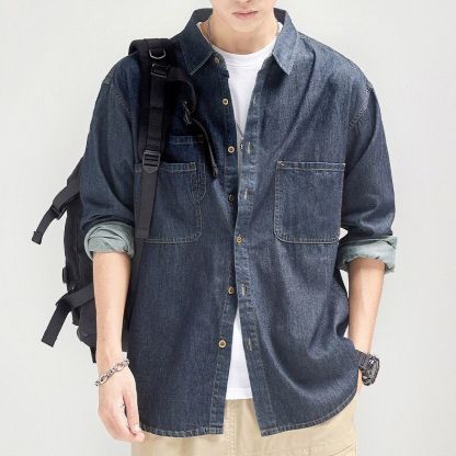 素色寬鬆休閒工裝潮牌痞帥襯衫牛仔外套