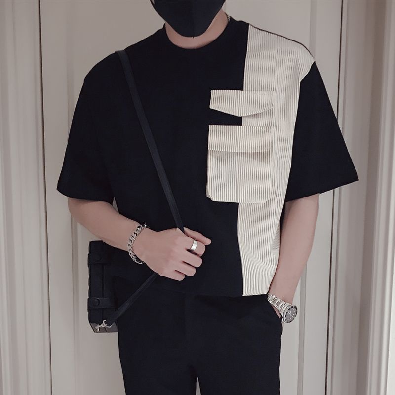 時尚潮流百搭休閒拼接純棉短袖T恤