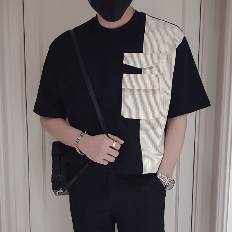 時尚潮流百搭休閒拼接純棉短袖T恤