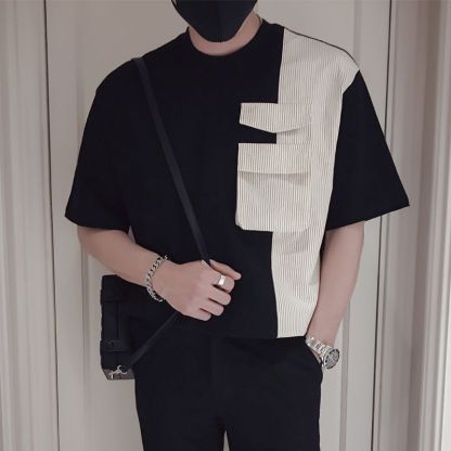 時尚潮流百搭休閒拼接純棉短袖T恤
