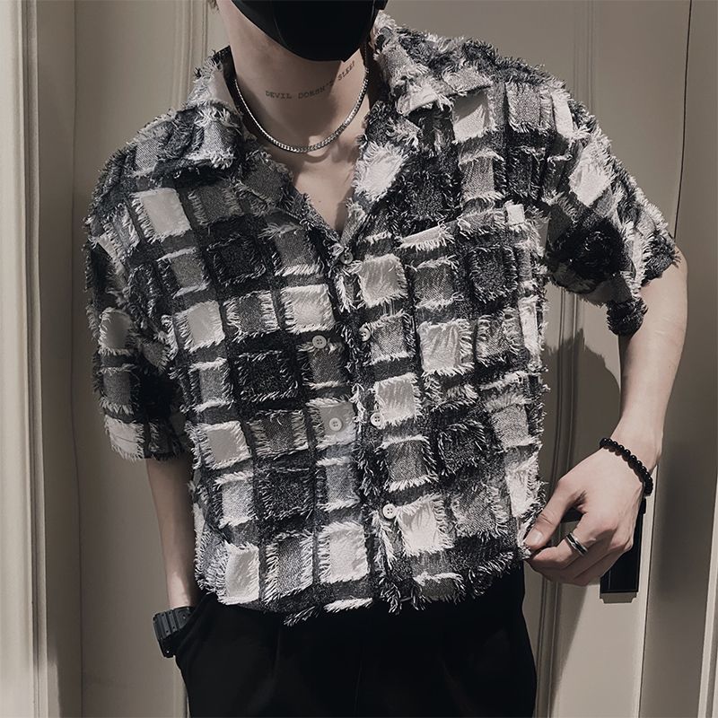 格子毛邊時尚休閒薄款五分袖襯衫