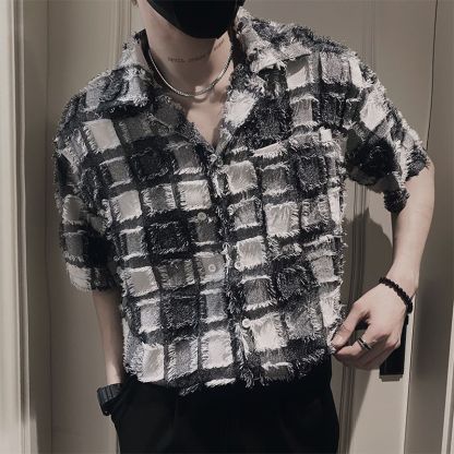 格子毛邊時尚休閒薄款五分袖襯衫