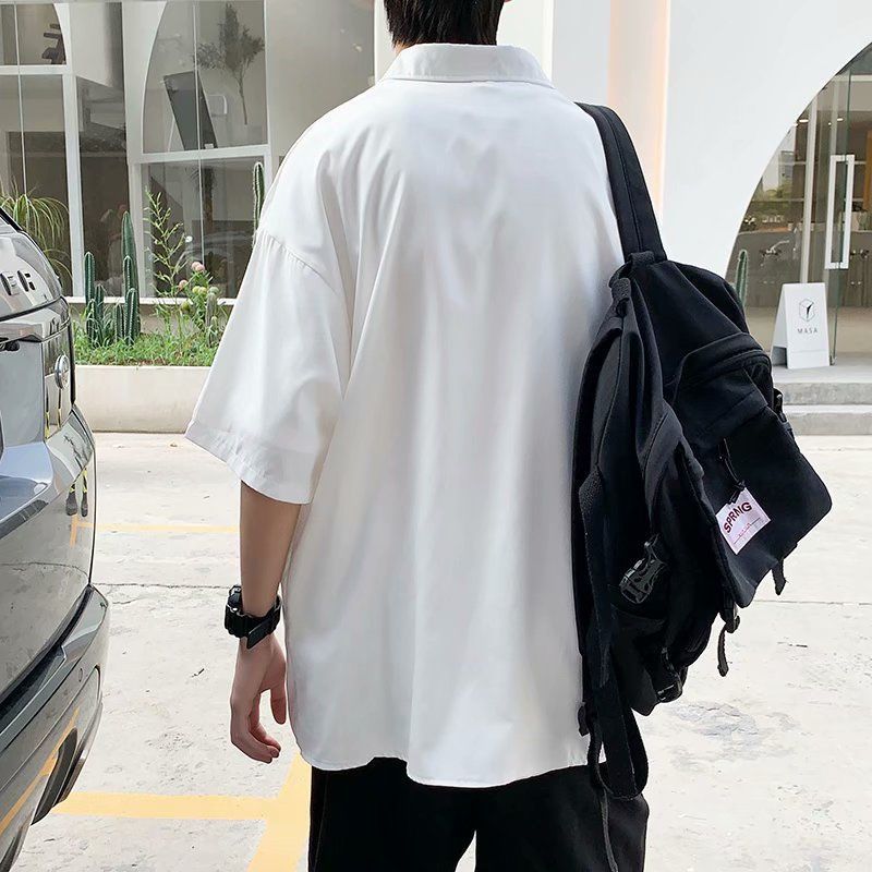 韓版潮流帥氣素色港風痞帥寬鬆情侶短袖襯衫