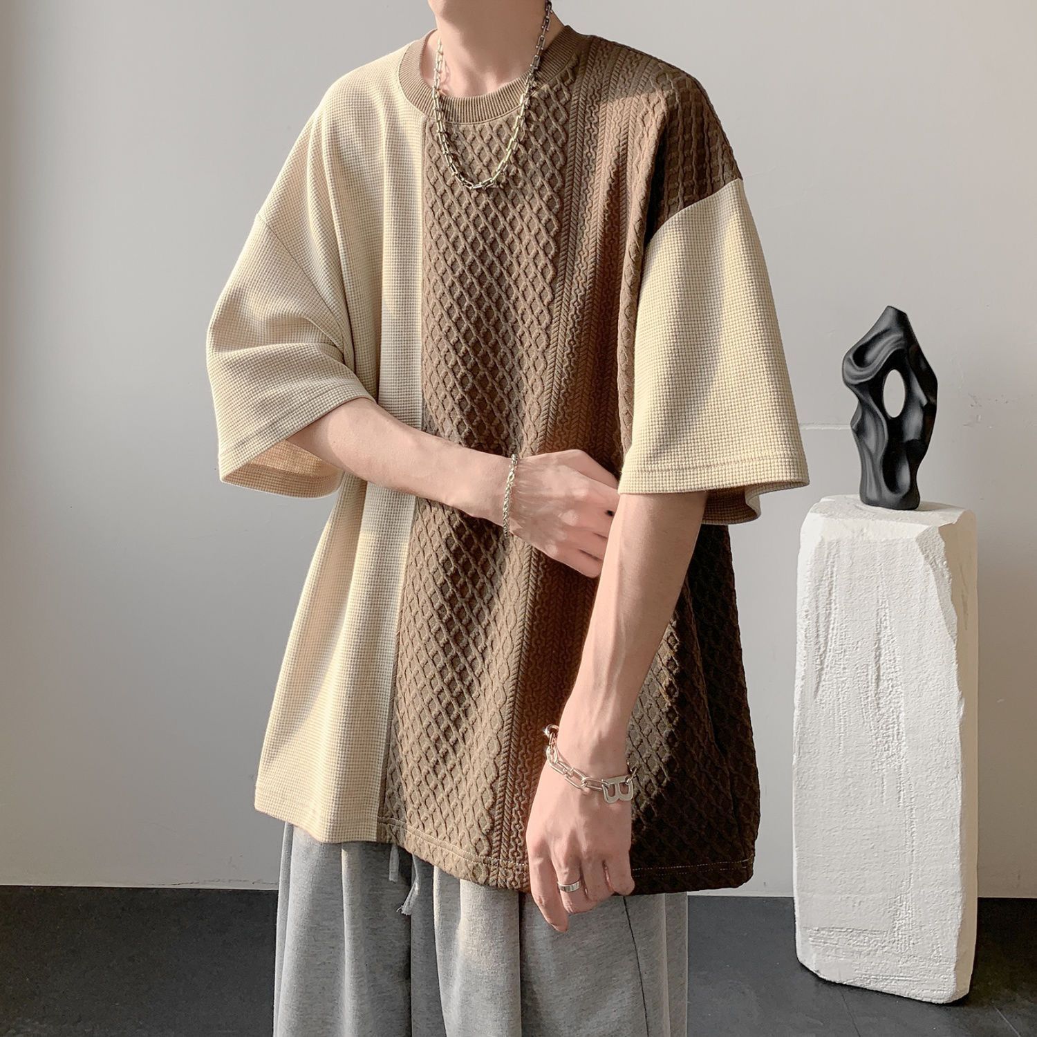 美式復古華夫格設計感拼接撞色短袖t恤