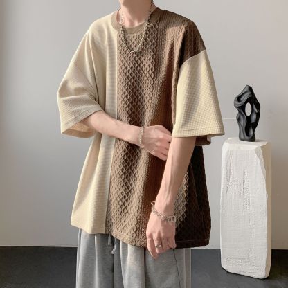 美式復古華夫格設計感拼接撞色短袖t恤