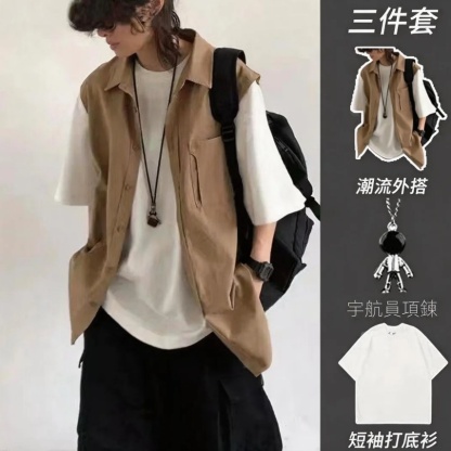 【單件/套裝】日系街頭假兩件工裝襯衫+短袖打底衫+項鏈+百搭休閑褲四件套