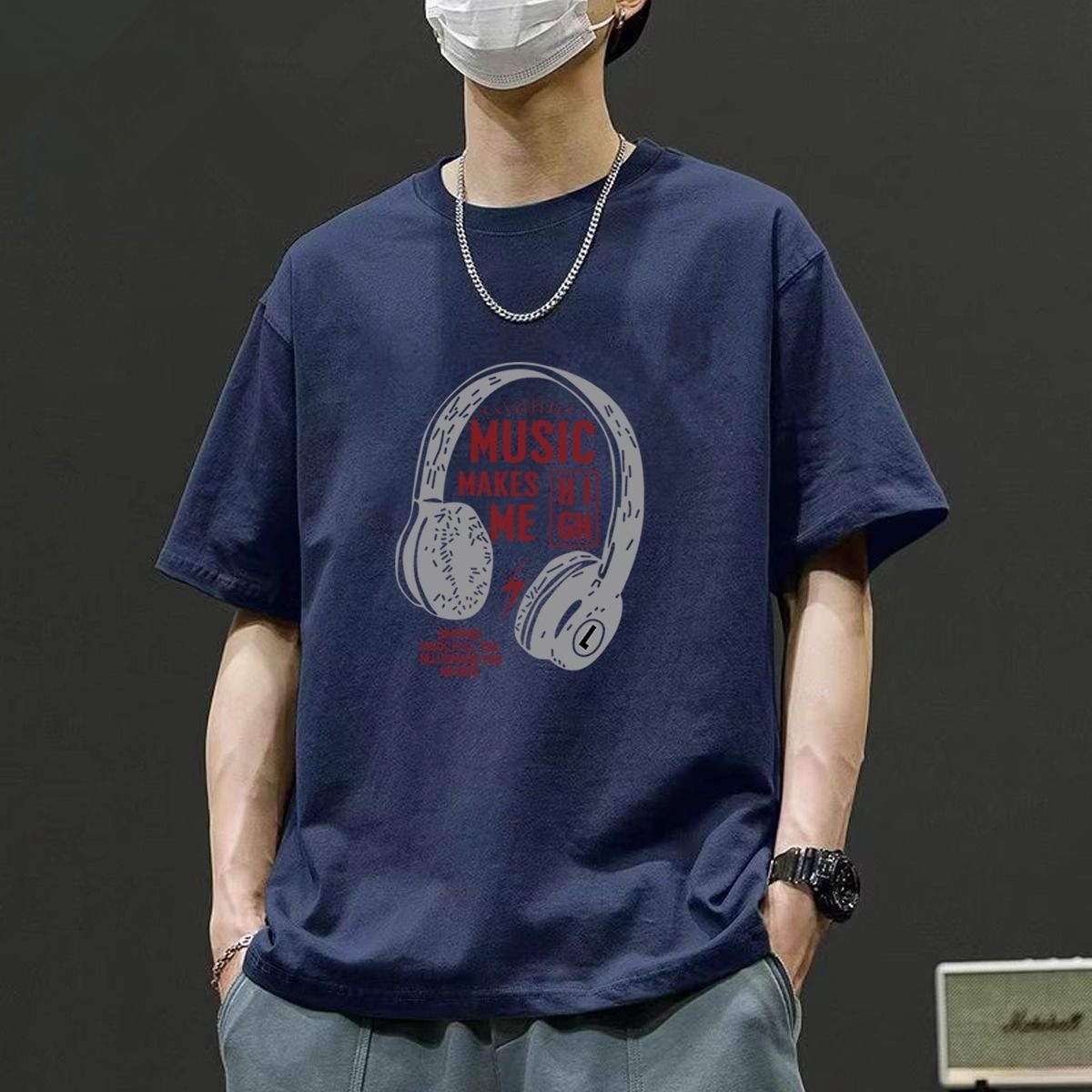 復古百搭大碼寬鬆耳機印花純棉短袖t恤