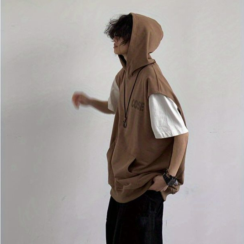 【單件/套裝】日系復古寬松運動連帽背心+咖色工裝褲兩件套