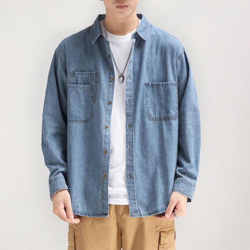 素色寬鬆休閒工裝潮牌痞帥襯衫牛仔外套