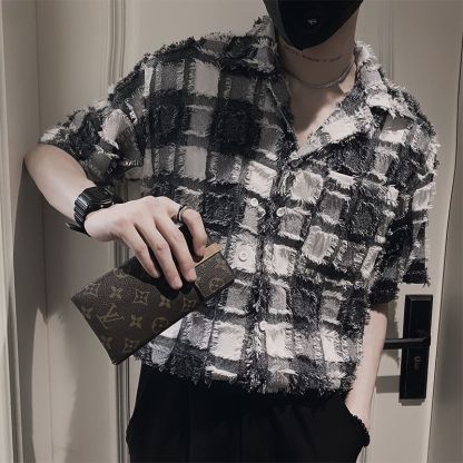 格子毛邊時尚休閒薄款五分袖襯衫