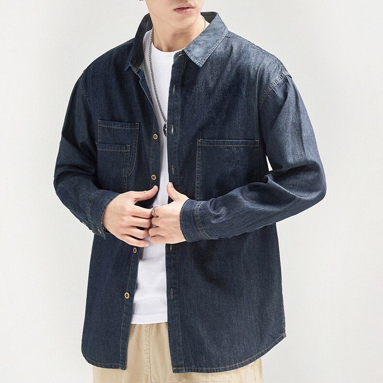素色寬鬆休閒工裝潮牌痞帥襯衫牛仔外套
